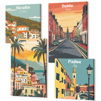 Tablou 4 piese Peisaje de orașe și natură în culori calde