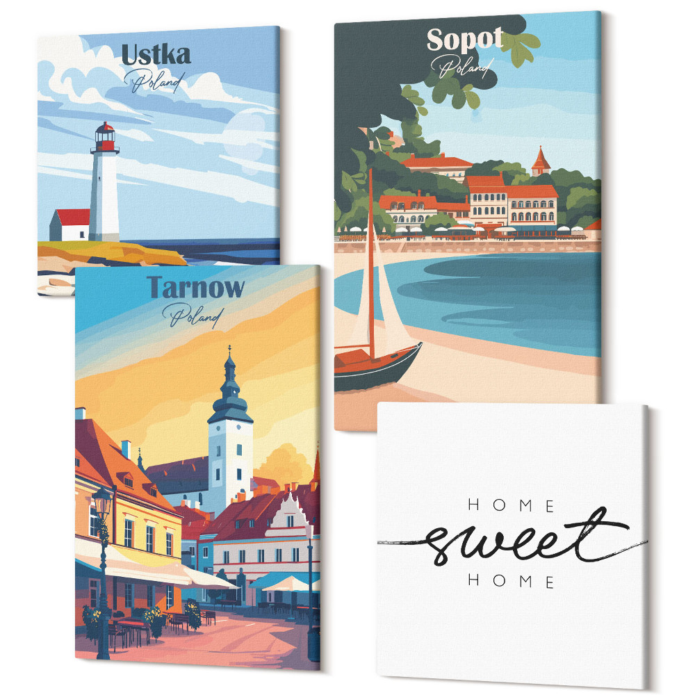 Tablouri canvas set 4 piese Vederi ale orașelor poloneze Ustka Tarnów Sopot