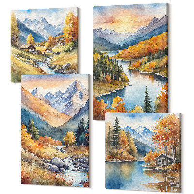 Tablouri multicanvas 4 piese Peisaj montan cu un râu și copaci de toamnă