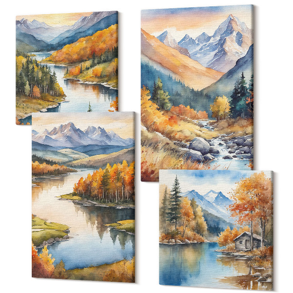 Tablou 4 piese Vedere la munte cu râu și copaci de toamnă