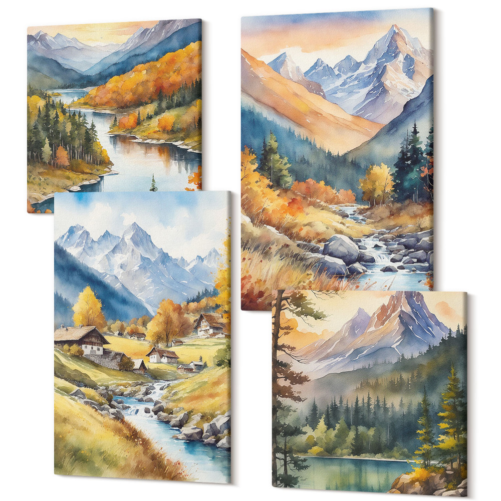 Tablouri canvas set 4 piese Un peisaj montan cu un rau si cabane in culori de toamna