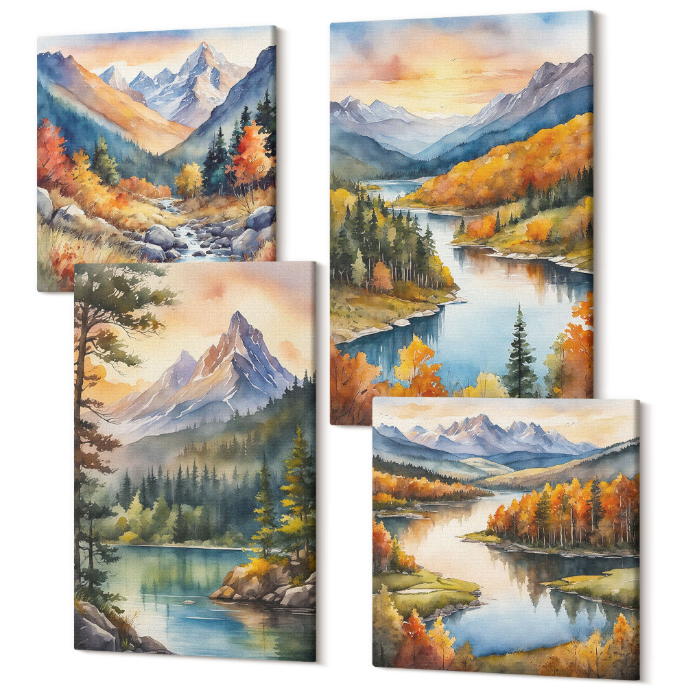 Tablouri canvas set 4 piese Peisaje montane cu un râu și copaci colorați