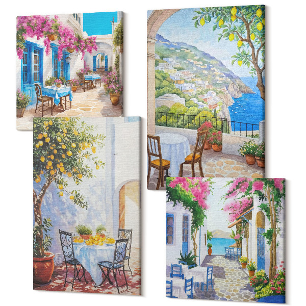 Tablouri multicanvas 4 piese Străzi fermecătoare cu plante cu flori și vedere la mare