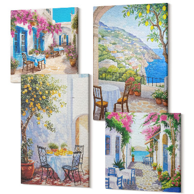 Tablouri multicanvas 4 piese Străzi fermecătoare cu plante cu flori și vedere la mare