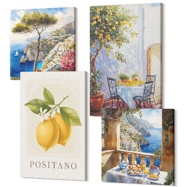 Tablou 4 piese Vederi la Positano cu lămâi arhitectură italiană