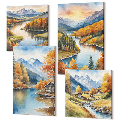 Tablouri canvas set 4 piese Peisaje montane de toamnă cu un râu și o cabană lângă apă
