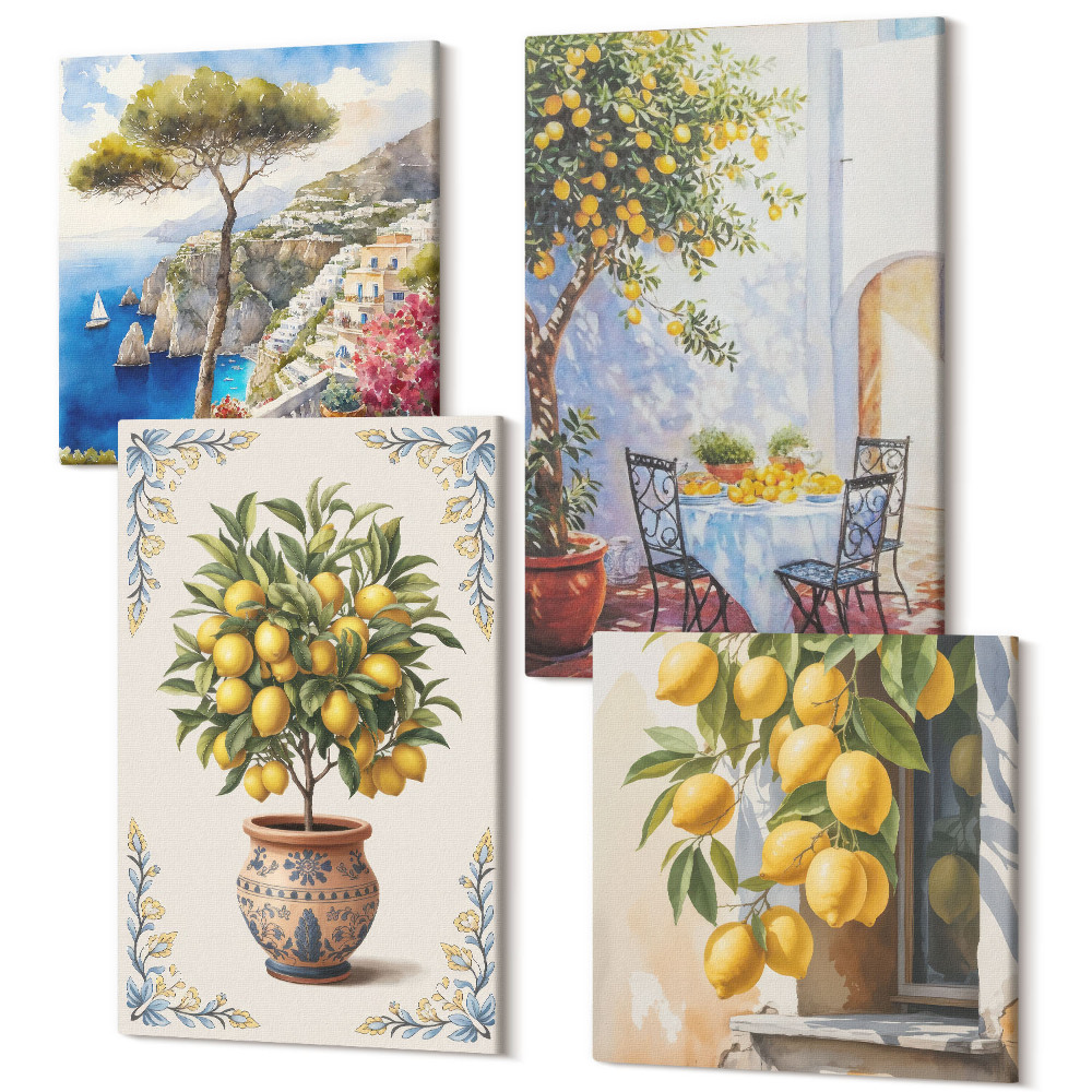 Tablouri canvas set 4 piese Lămâi și fructe într-un cadru însorit