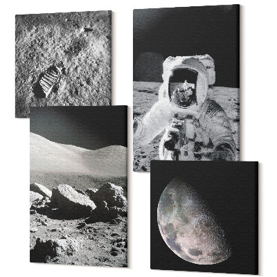 Tablouri canvas set 4 piese Fotografii cu lună cu astronaut și amprentă