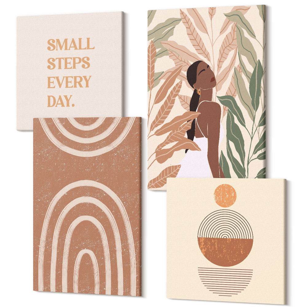 Tablou 4 piese Modele elegante cu motive vegetale și forme geometrice