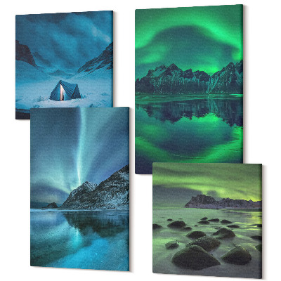 Tablouri canvas set 4 piese Peisaj de iarnă cu aurora boreală și munți