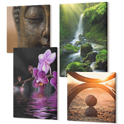 Tablouri multicanvas 4 piese Flori în cascadă de apă cu roci verzi Buddha