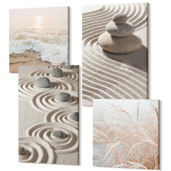 Tablou 4 piese Valuri calme de nisip și apă cu pietre pe plajă