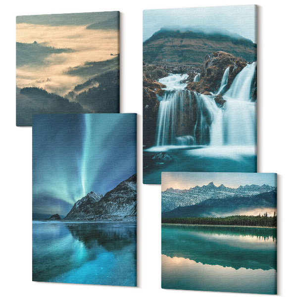 Tablouri canvas set 4 piese Peisaje de iarnă cu cascade și aurore boreale