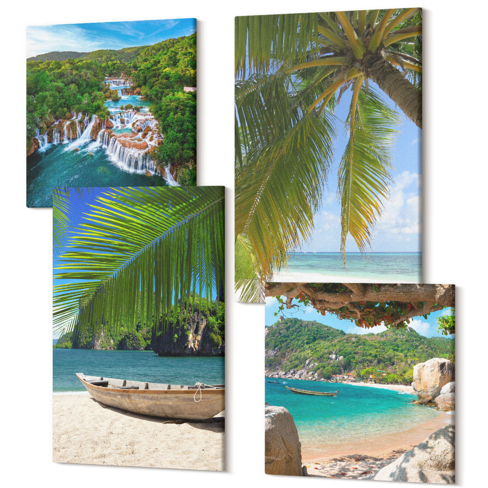 Tablouri multicanvas 4 piese Plaja cu barca, cascade si palmieri la tropice