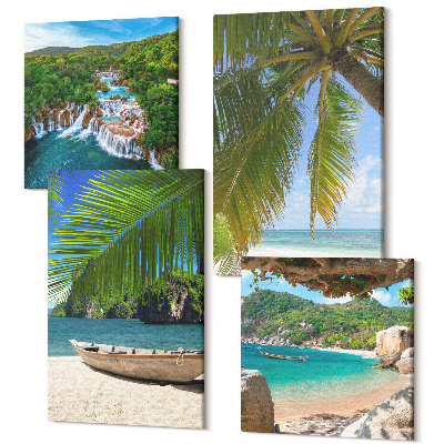Tablouri multicanvas 4 piese Plaja cu barca, cascade si palmieri la tropice
