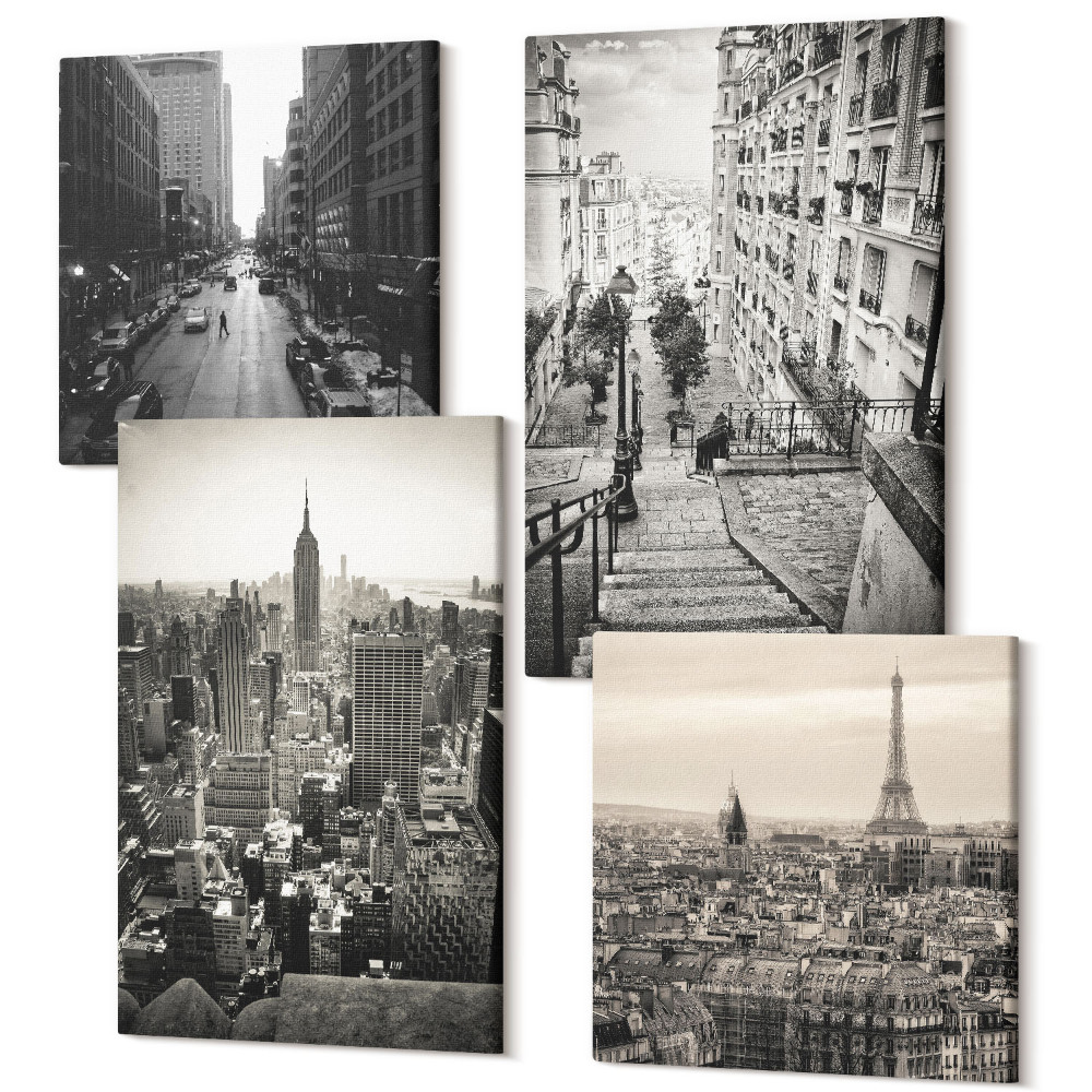 Tablou 4 piese Vedere la oraș Paris New York și scări fermecătoare