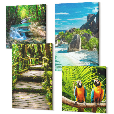 Tablouri canvas set 4 piese Pădure tropicală cu o cascadă și papagali colorați