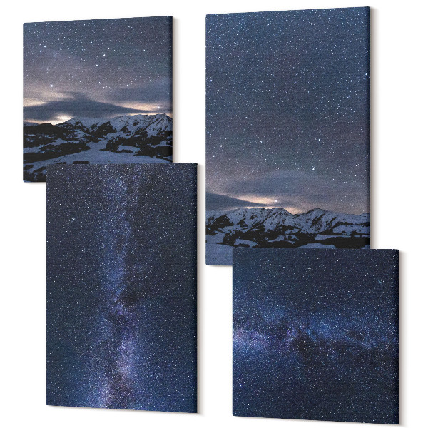 Tablouri canvas set 4 piese Cer de noapte cu stele și un peisaj montan