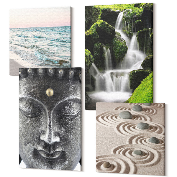 Tablou 4 piese Pacea naturii cu pietre, o cascadă și Buddha