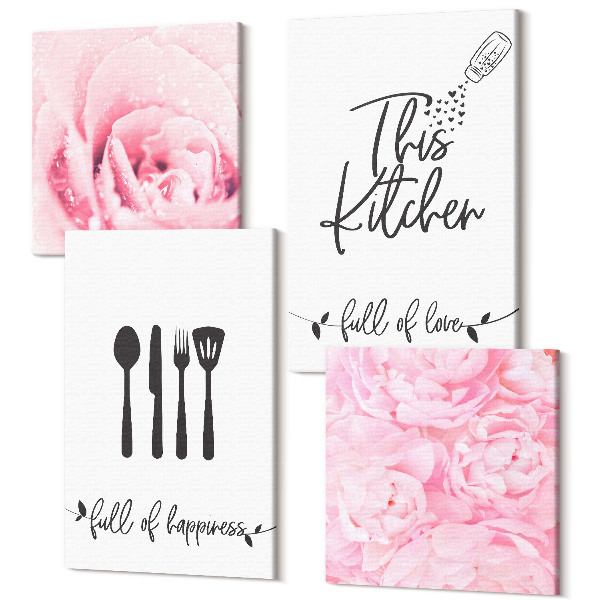 Tablouri canvas set 4 piese Bucătărie inscripționând flori delicate de trandafir