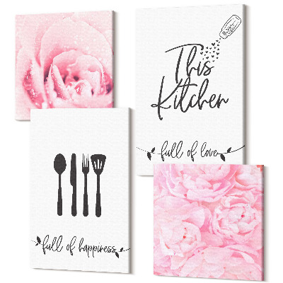 Tablouri canvas set 4 piese Bucătărie inscripționând flori delicate de trandafir