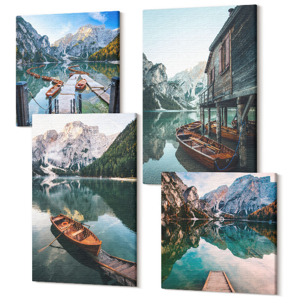 Tablou 4 piese Un lac în munți cu bărci și o colibă de lemn