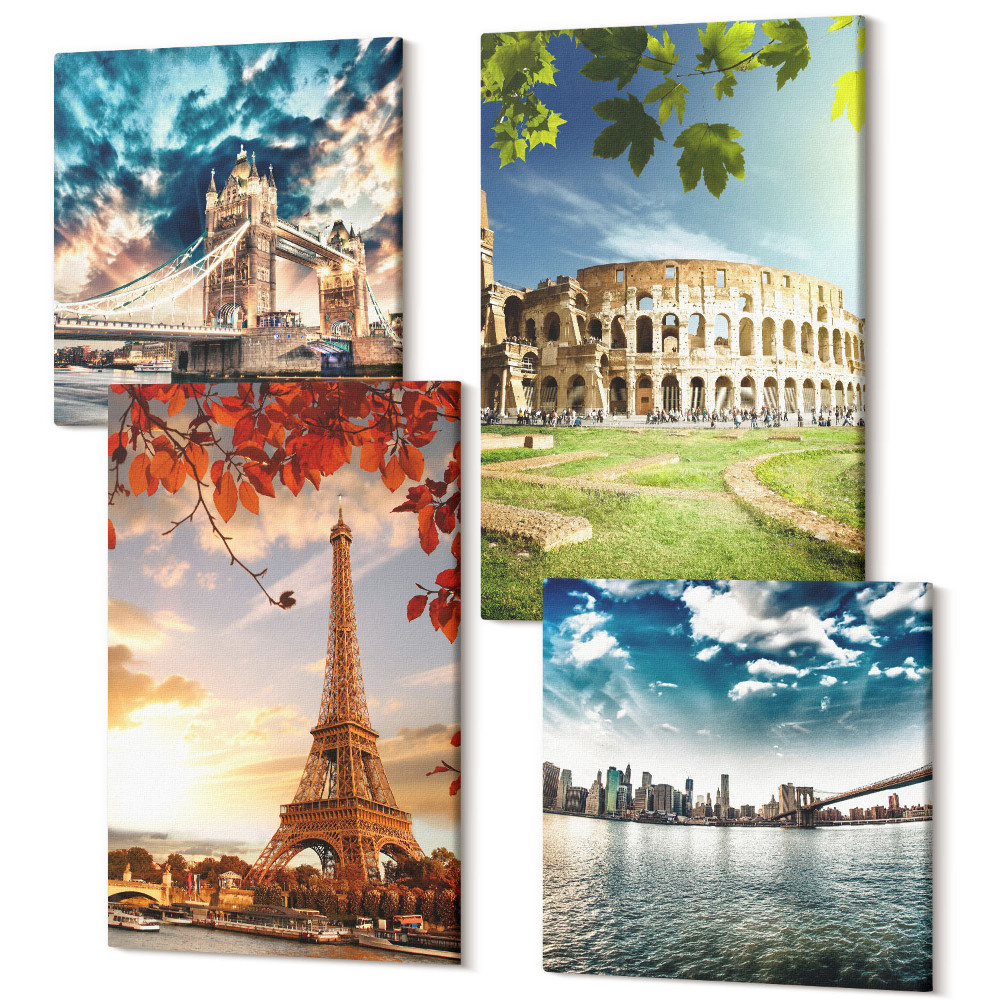 Tablouri canvas set 4 piese Monumente ale Europei în culorile calde ale peisajului
