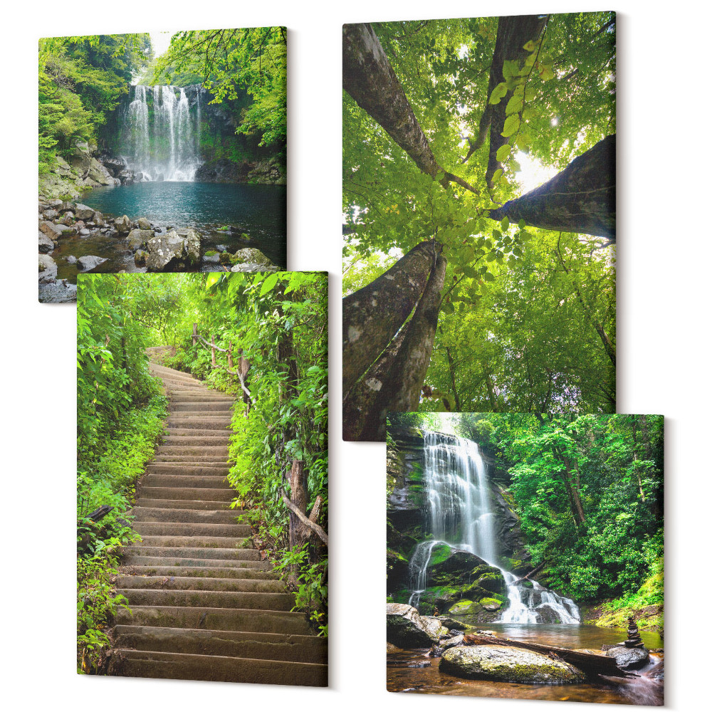 Tablou 4 piese Poteca forestieră cu cascadă și vegetație verde