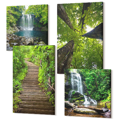 Tablou 4 piese Poteca forestieră cu cascadă și vegetație verde