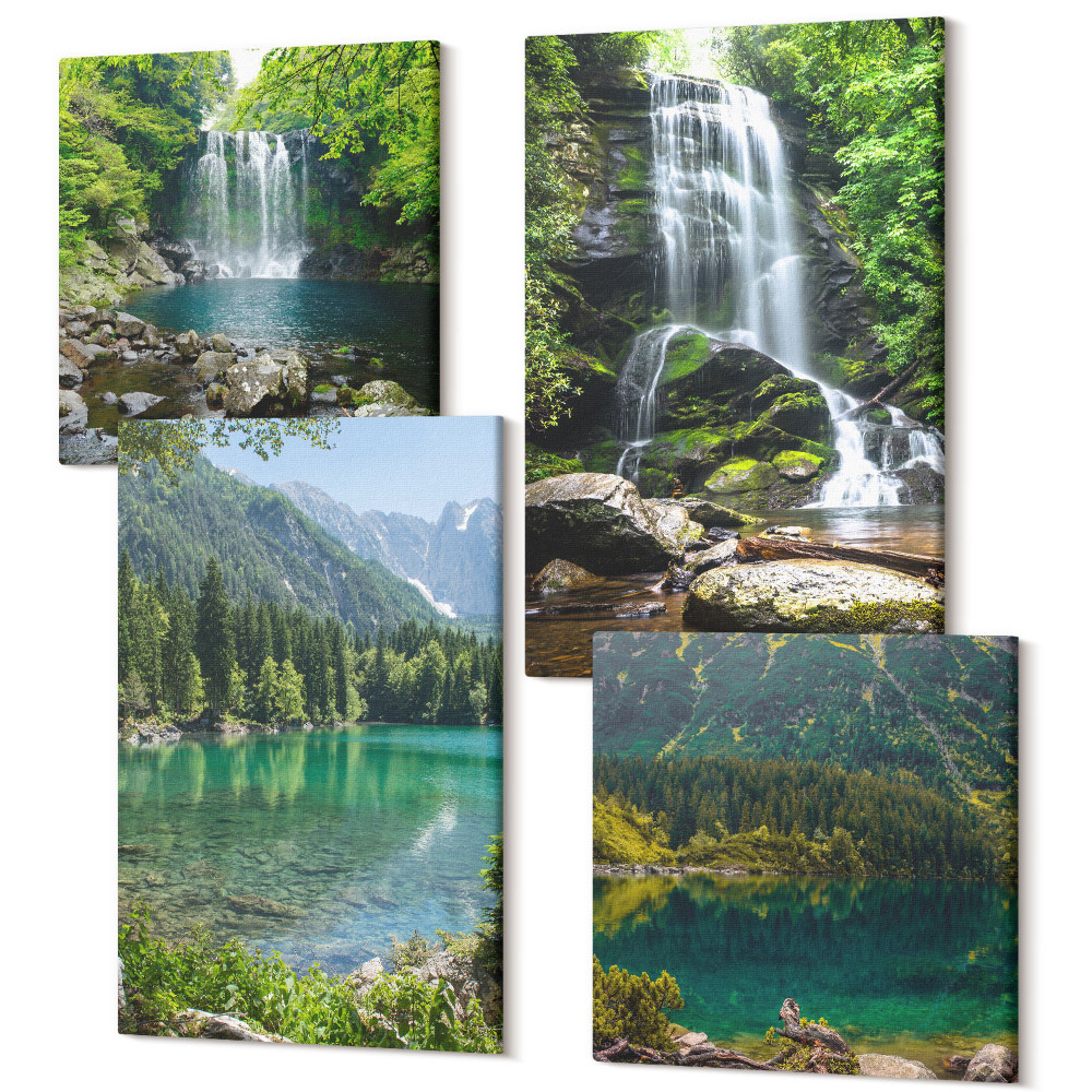 Tablouri canvas set 4 piese Cascade intr-un cadru verde cu pietre si apa