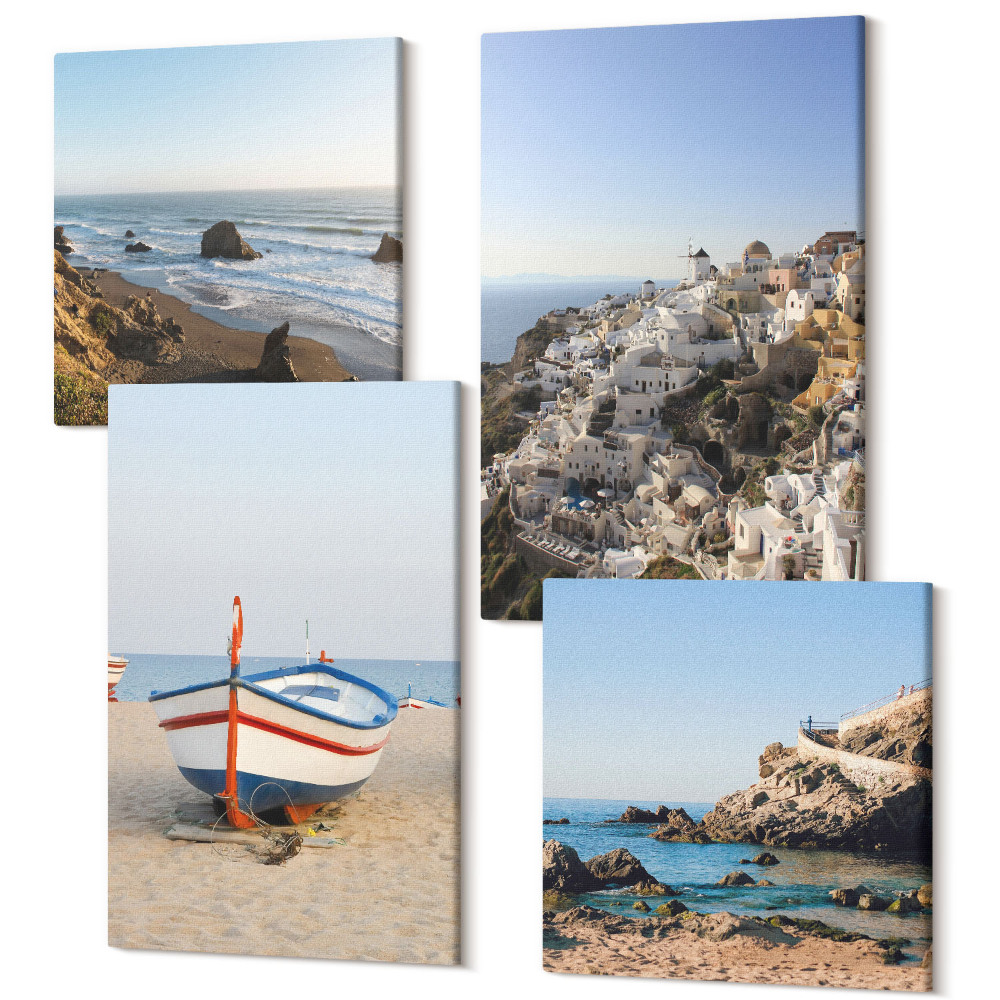 Tablou 4 piese Vederi la mare cu barcă și case albe Grecia