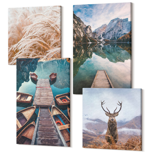 Tablouri canvas set 4 piese Lac cu bărci, căprioare și peisaj montan