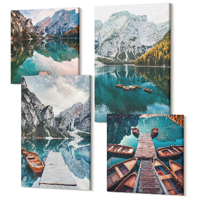 Tablouri multicanvas 4 piese Un lac cu chei de lemn și munți