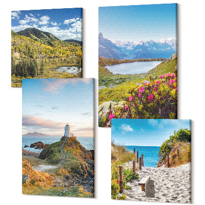 Tablouri canvas set 4 piese Vedere la plaja far, munți și pajiști cu flori