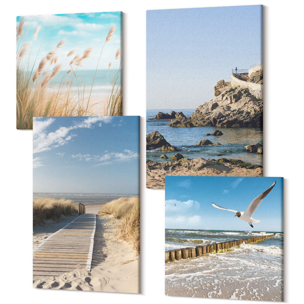 Tablouri multicanvas 4 piese Plajă cu potecă de lemn, mare și stânci de pe litoral