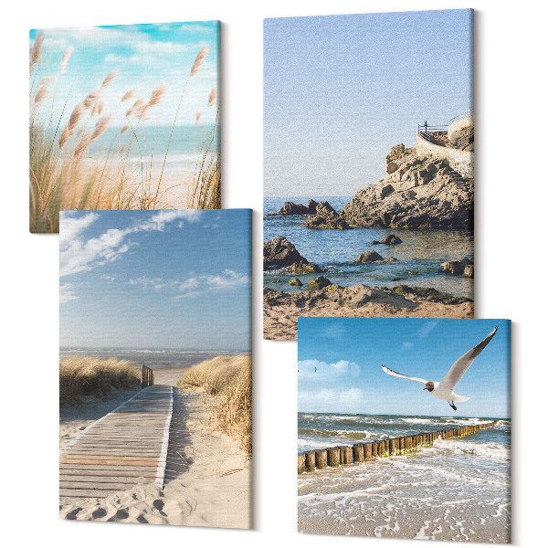 Tablouri multicanvas 4 piese Plajă cu potecă de lemn, mare și stânci de pe litoral