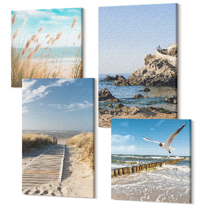 Tablouri multicanvas 4 piese Plajă cu potecă de lemn, mare și stânci de pe litoral