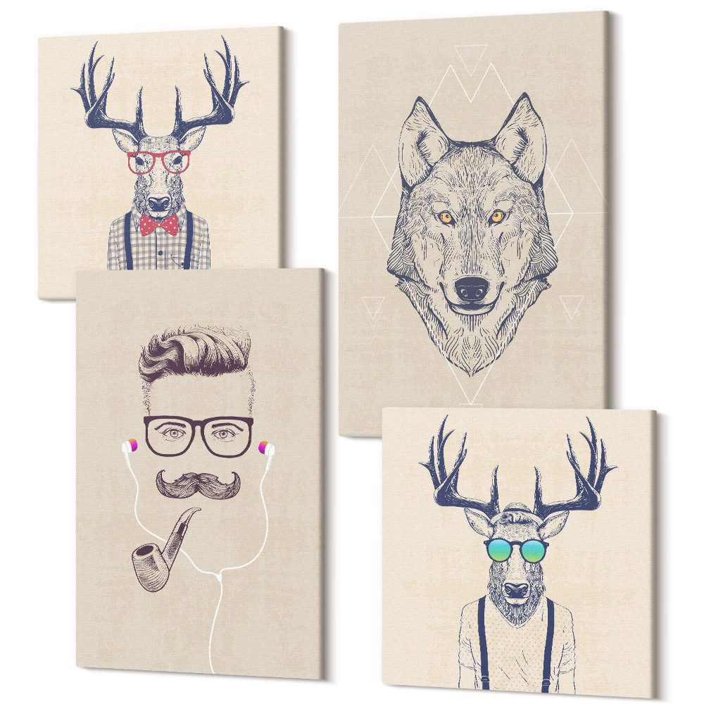 Tablou 4 piese Portrete elegante ale animalelor și bărbaților