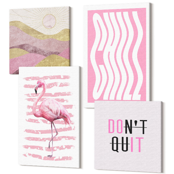 Tablouri multicanvas 4 piese Litere pastelate peisaj montan flamingos roz