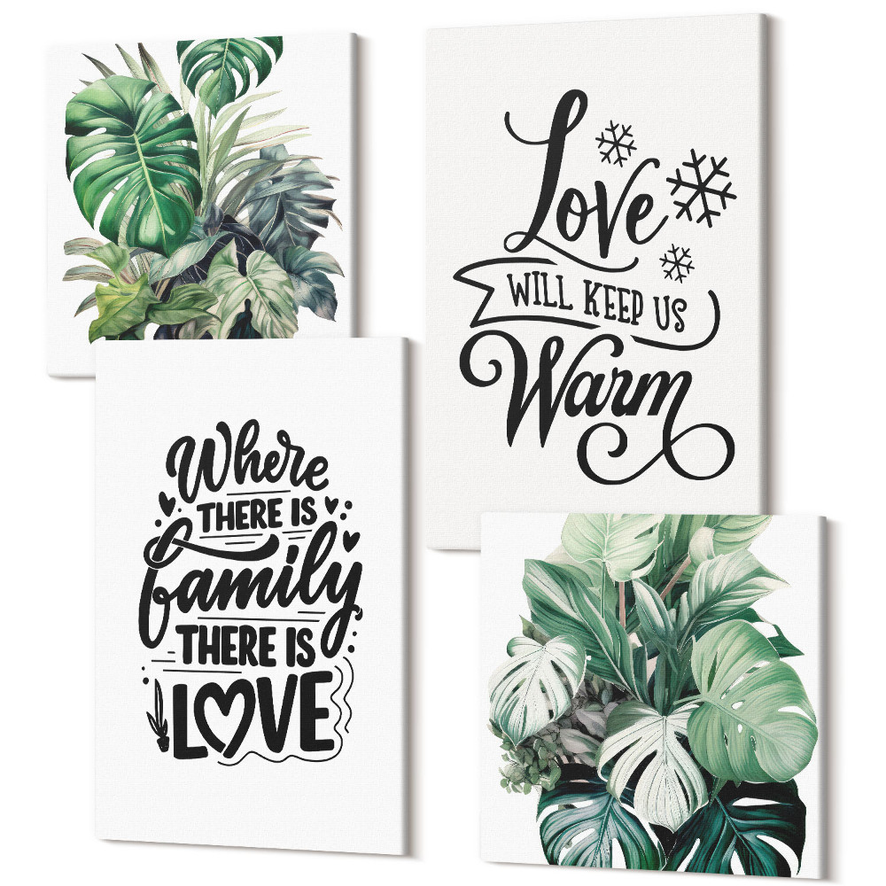 Tablouri multicanvas 4 piese Familie, dragoste, casă, căldură, frunze de plante, acuarelă