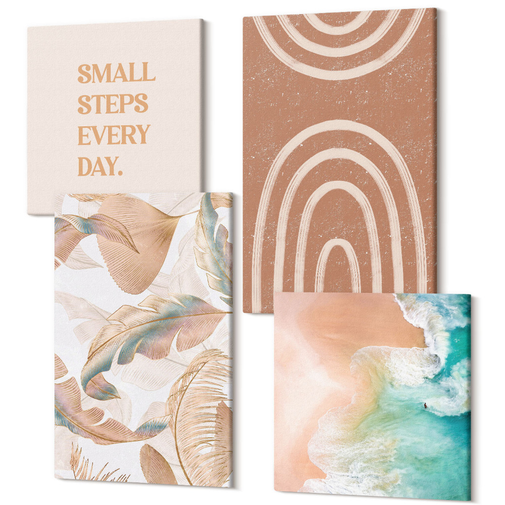 Tablouri canvas set 4 piese Motive boho delicate cu frunze abstracte și litere