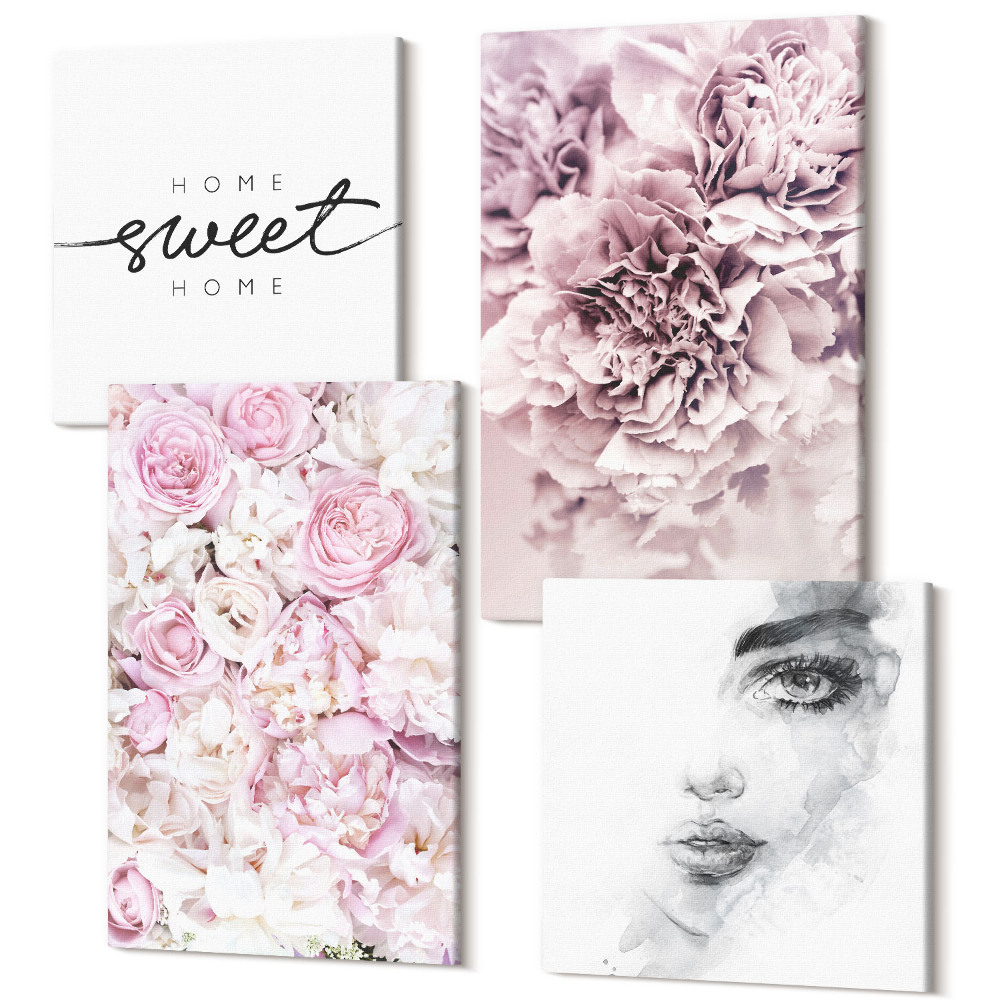 Tablou 4 piese Portret de bujori delicat al unei femei inscripție pentru acasă