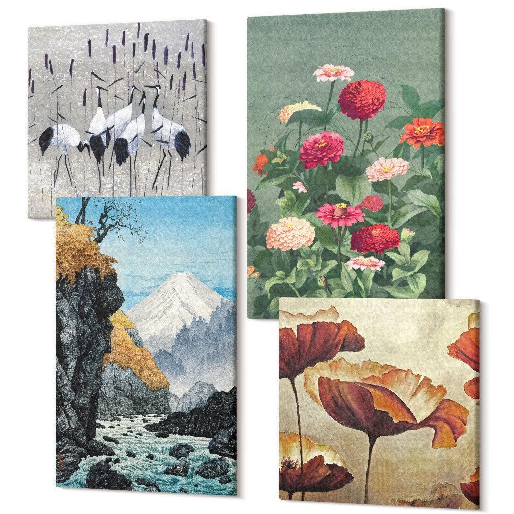 Tablouri canvas set 4 piese Munți cu cascadă, păsări în zbor și flori colorate