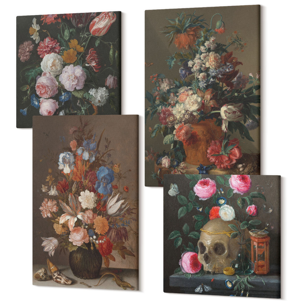 Tablouri multicanvas 4 piese Flori în vaze, diverse compoziții de plante vintage