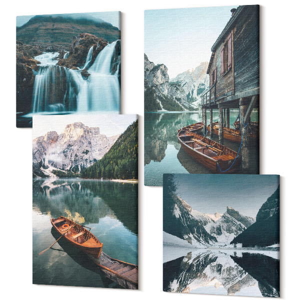 Tablouri canvas set 4 piese Lacuri de munte cu bărci și reflexii în apă