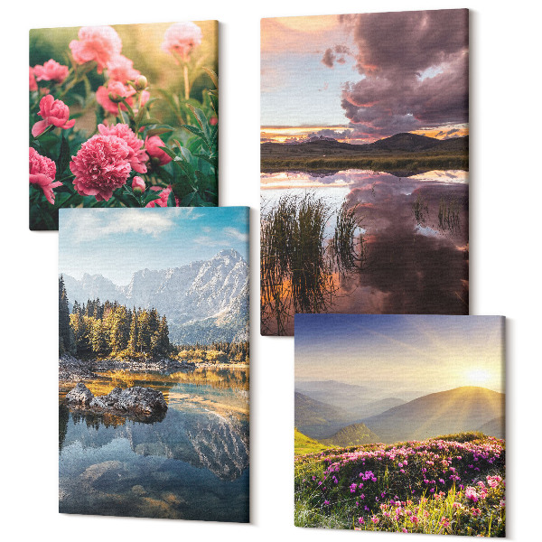 Tablouri multicanvas 4 piese Flori în grădină, lunca de munte, pădure și suprafața apei