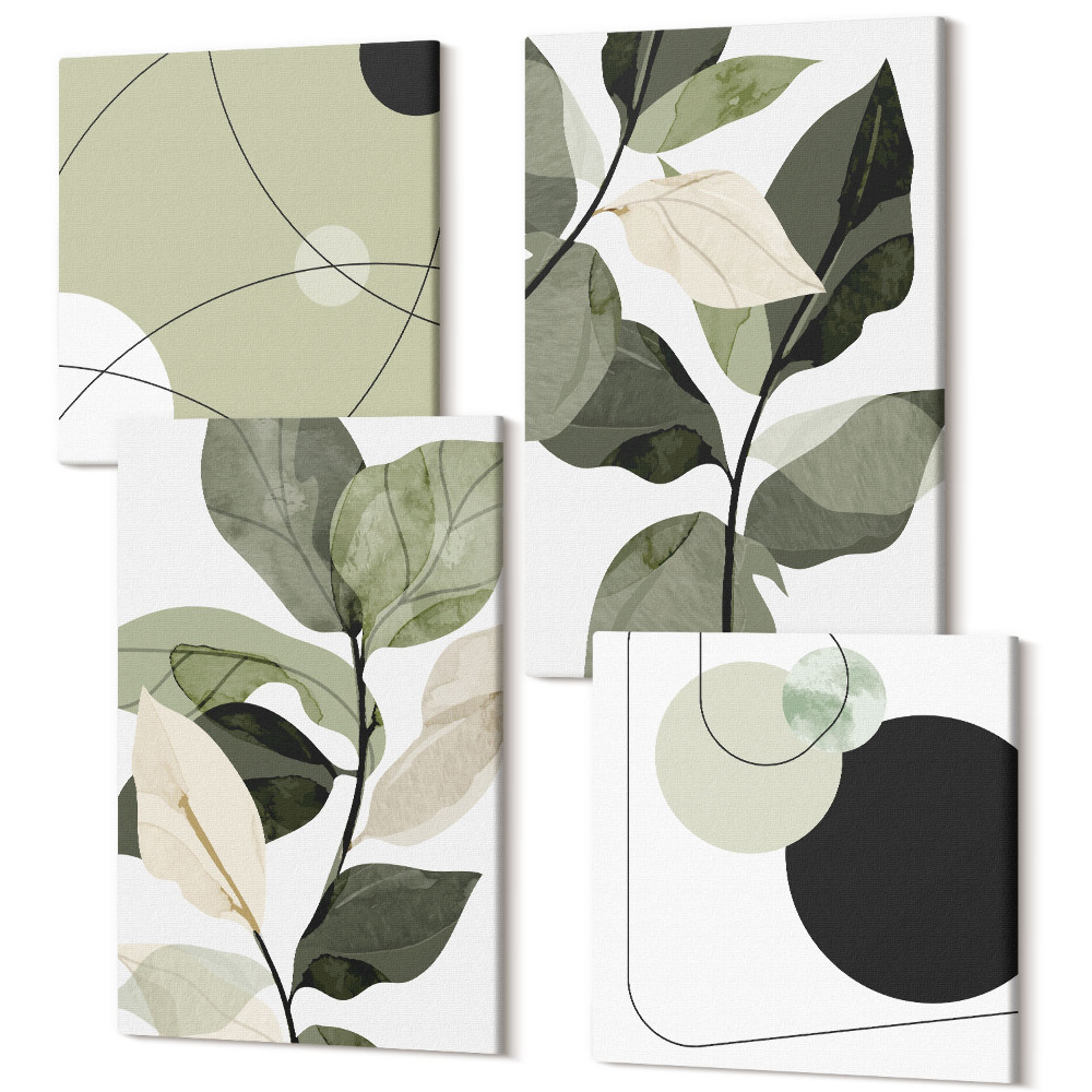 Tablouri canvas set 4 piese Frunze pictate și forme abstracte
