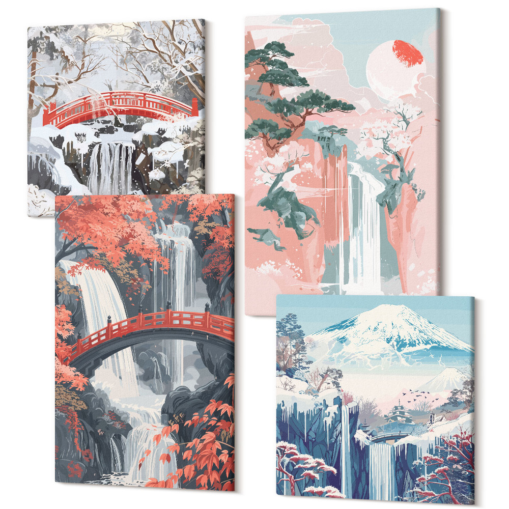 Tablouri canvas set 4 piese Cascade in diferite anotimpuri cu poduri si copaci