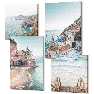 Tablou 4 piese Vederi pastelate de vară cu arhitectură pe malul mării și plajă