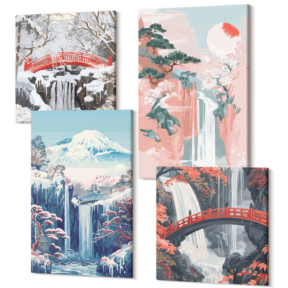 Tablouri canvas set 4 piese Cascade de munți cu un pod și copaci înfloriți